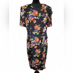 Ann Tobias Vintage 80s Floral Midi Dress Black Bold Print Puff Sleeve Size 14